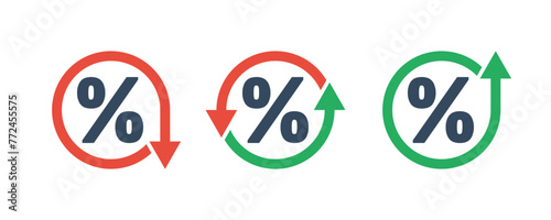 percent sign icons set with green up and red down arrows