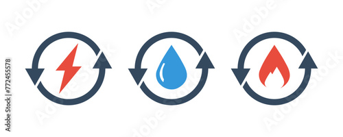 energy water drop and gas symbol with two rounded arrow