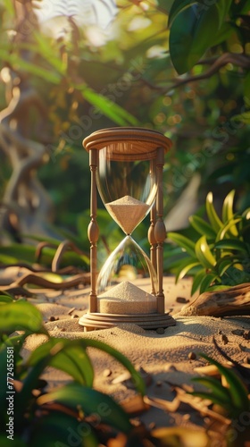 Foreground hourglass in hyperrealistic focus, sand trickling to symbolize urgency, lush background blur