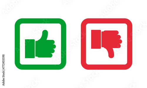 Green thumb up and red thumb down squared outline vector icons. Like and dislike social media symbols. photo