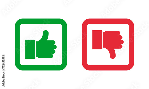 Green thumb up and red thumb down squared outline vector icons. Like and dislike social media symbols.