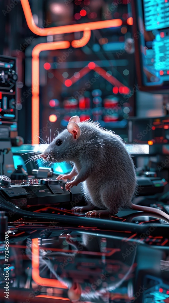 Hyperrealistic and scifi inspired lab scene, a rat with artificially ...