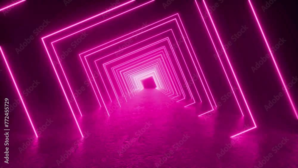 Explore a long tunnel illuminated by pink neon lights, creating a futuristic and vibrant atmosphere. 4K 3D Animation Loop Futuristic Sci Fi Lines