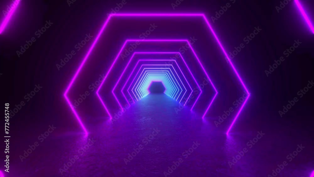 Explore a futuristic tunnel lined with neon tube lights glowing in the concrete floor, leading towards a bright light at the end. 4K 3D Animation Loop Futuristic Sci Fi Lines