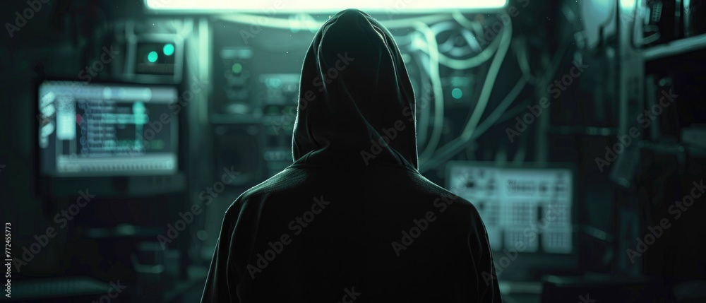 Hyperrealistic depiction of a shadowy hacker, cloaked in a hoodie, in the confines of a dark room Hyperrealistic depiction of a shadowy hacker, cloaked in a hoodie, in the confines of a dark room