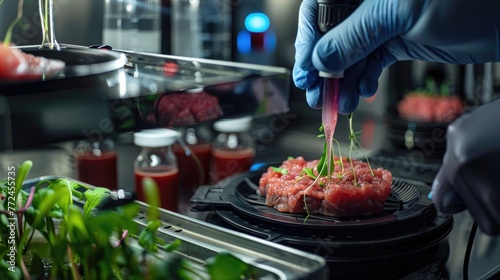 Hyperrealistic cultured meat on a lab scale, showcasing cellular agriculture technology photo