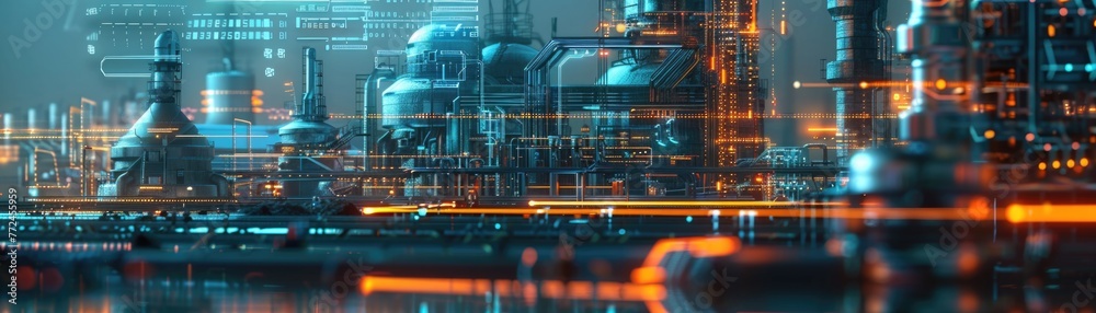 Hyperrealistic scifi gasoil factory, side view with Lidar vision showcasing AI security zones, holographic effects Hyperrealistic scifi gasoil factory, side view with Lidar vision showcasing AI security zones, holographic effects