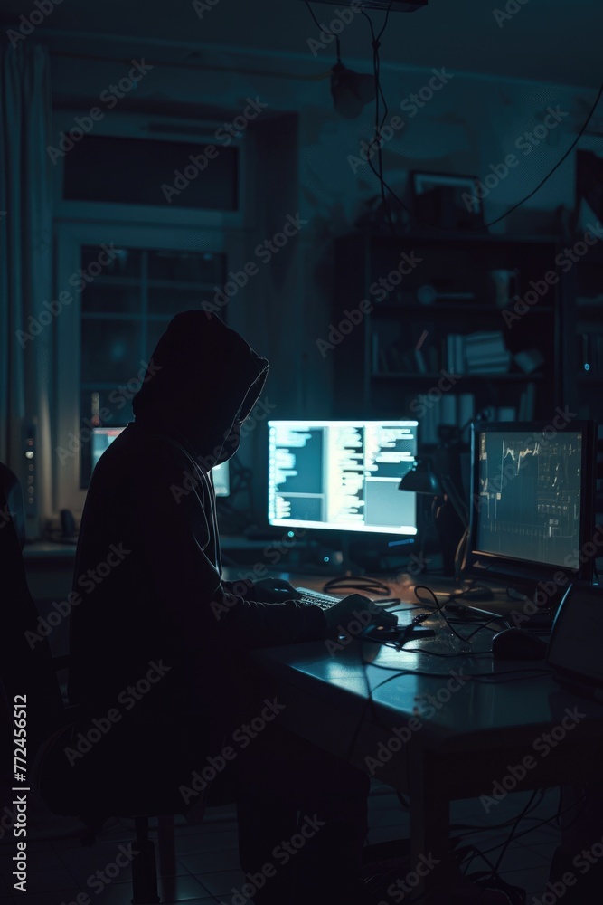 Dark room illuminated by the soft glow of monitors, shadowy hacker in hoodie, hyperrealistic texture Dark room illuminated by the soft glow of monitors, shadowy hacker in hoodie, hyperrealistic texture