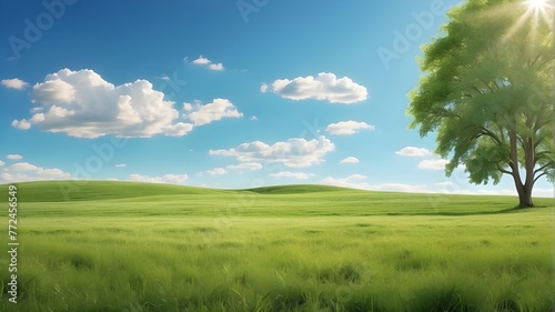 landscape with grass and sky Gorgeous all-around view of a verdant field with grass against a clear blue sky filled with sunlight. Summertime in the springtime fuzzy background.