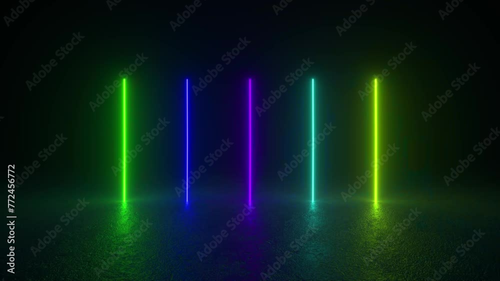 4K group of neon sticks glowing on a concrete floor, futuristic and sci-fi atmosphere. Vertical glowing lines, ultraviolet spectrum, neon lights, laser show, virtual reality. 3d animation loop 4K group of neon sticks glowing on a concrete floor, futuristic and sci-fi atmosphere. Vertical glowing lines, ultraviolet spectrum, neon lights, laser show, virtual reality. 3d animation loop