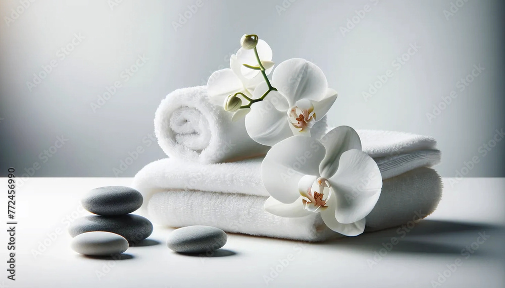 A tranquil spa still life setting featuring a delicate orchid, fluffy towels, and polished massage stones, all beautifully arranged