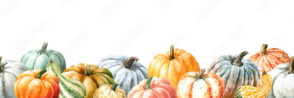 Autumn border, pumpkin harvest,  Hand drawn  watercolor seamless pattern  isolated on white background