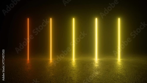 A dark room illuminated by a red light emitting from it, creating a mysterious atmosphere. Glowing neon lines, changing colors in ultraviolet spectrum. 4K 3D Animation Loop