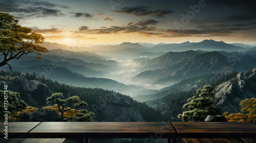  High rock mountain view wallpaper, with pine trees , with sunlight, Generate AI