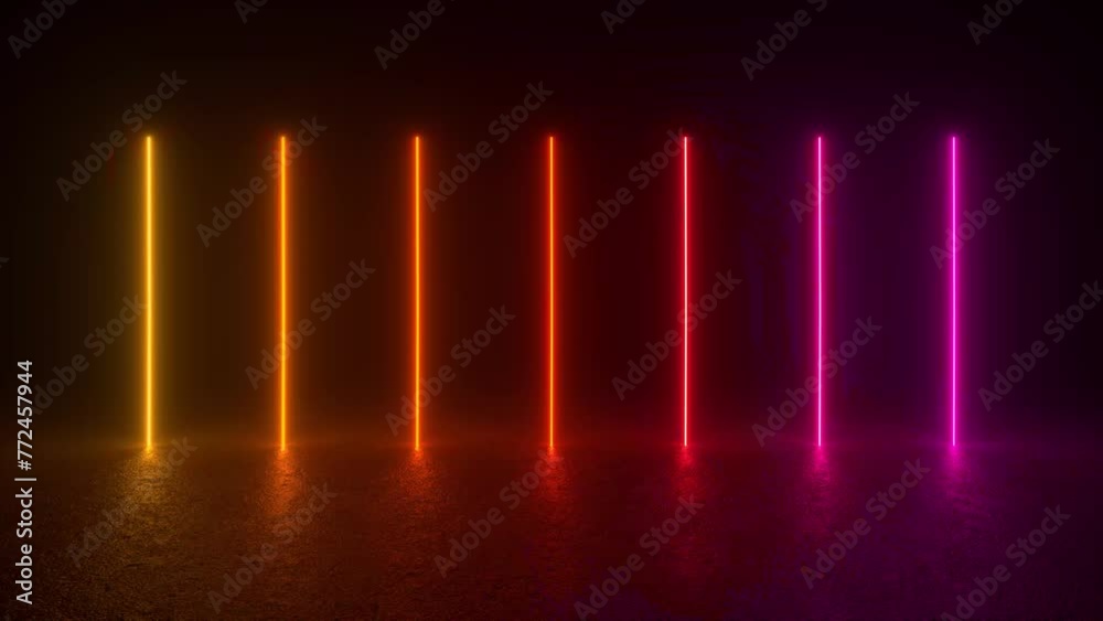 A row of futuristic neon tube lights glowing in a dark room. The 3D animation loop showcases the sci-fi aesthetics of the glowing lines on a concrete floor. A row of futuristic neon tube lights glowing in a dark room. The 3D animation loop showcases the sci-fi aesthetics of the glowing lines on a concrete floor.