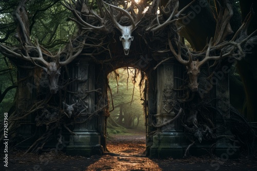 Deer stag waiting gateway. Amazing background. Generate Ai © juliars