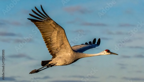 sandhill crane - Antigone canadensis -  adult in flight flying with wings extended, great feather detail blue sky background with white clouds photo
