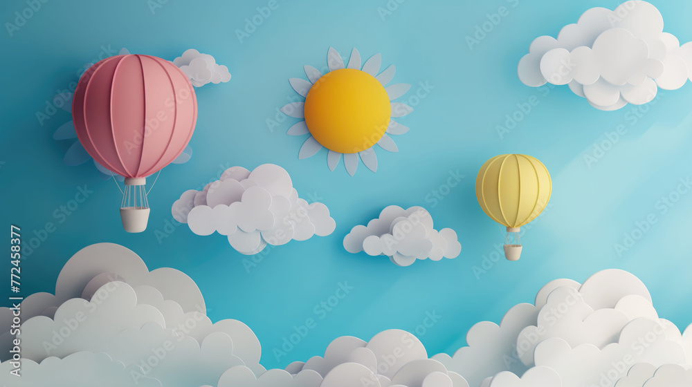 Paper art of air balloons on the blue sky with clouds and sun