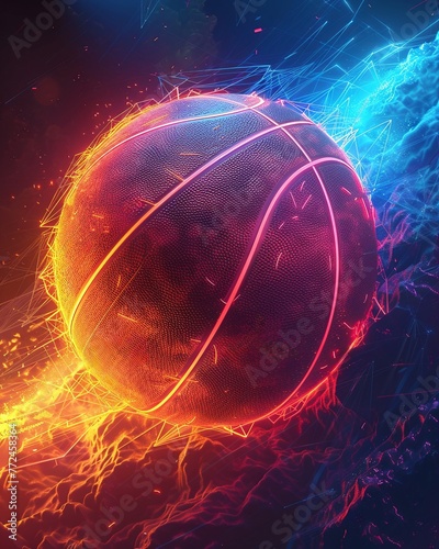 Glossy basketball, soccer, and handball, cybernetic neon lines, for online gaming tournament poster