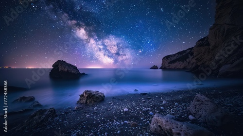 A mesmerizing view of the Milky Way galaxy stretching above a serene seascape with rocky cliffs under a night sky