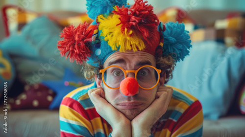 Young man with clown nose, glasses and party hat sitting on the sofa with sad expression