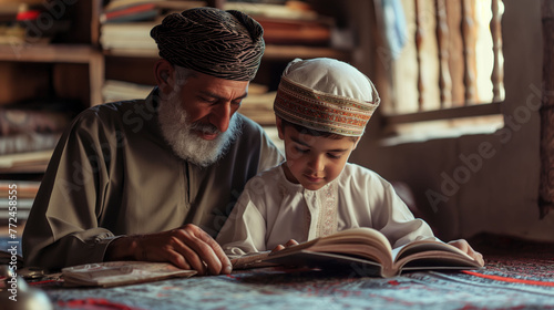 Closeup of grandfather with beard and hat reading the Muslim holy book to his grandson in the modern apartment