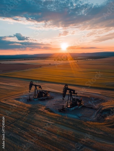 The captivating sky of dusk looms over twin oil pumps in the midst of vast, harvested fields.