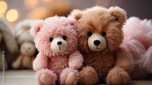  Big and small very soft teddy bears, brown and pink , white background, photo studio light, focus , Generate AI © VinaAmeliaGRPHIC