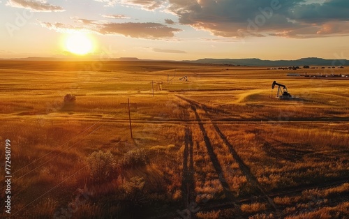 A lone oil pump stands against the backdrop of a striking sunset over the vast  open fields.