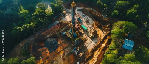 Surrounded by lush greenery, an open-pit mining site showcases the juxtaposition of industrial operations and nature in a stunning aerial perspective.