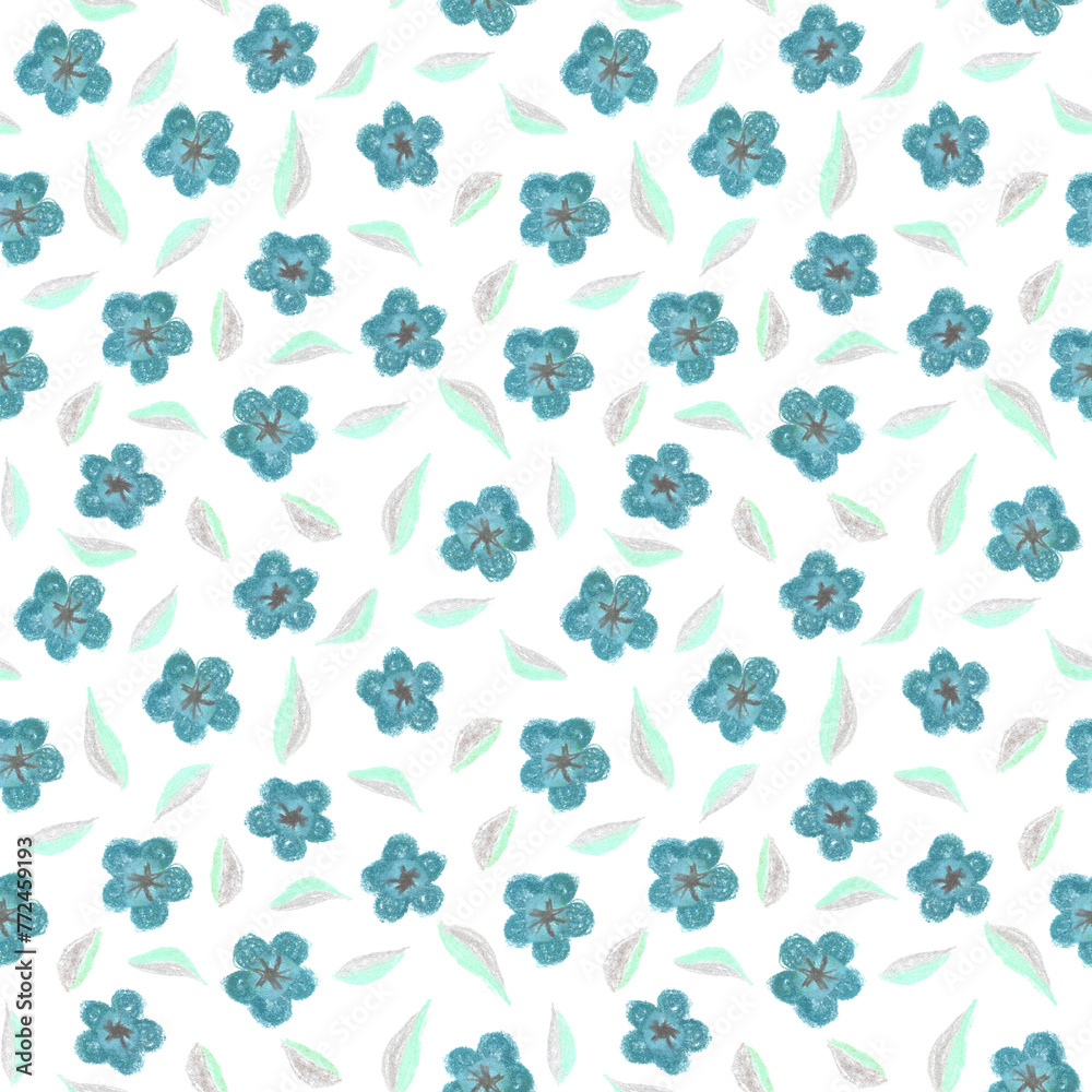 Simple pastel chalk kids illustrated style floral summer seamless pattern with little small blue flowers with grey cores and and leaves.Botanical background Simple pastel chalk kids illustrated style floral summer seamless pattern with little small blue flowers with grey cores and and leaves.Botanical background