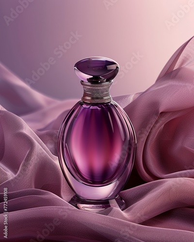 Luxe glass fragrance bottle, draped in velvet folds, rich pinkpurple theme, wide banner, copy space , clean sharp photo