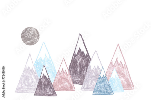 Hand drawn pastel chalk mountains, hills in grey blue brown color and full moon,isolated on white with copy space.Scandinavian nordic northern landscape in kids style illustration. photo