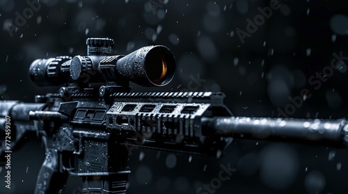 Rifle midshot, firepower visible, tactical team concept, black backdrop, wide format, space for copy , Prime Lenses