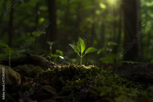 a tiny seedling emerging from the forest floor, its delicate leaves unfurling as it reaches towards the sunlight filtering through the dense canopy above