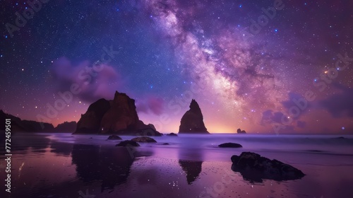A breathtaking view of the Milky Way galaxy stretching over a peaceful beach with prominent rock formations and soft ocean tide under a starlit sky photo