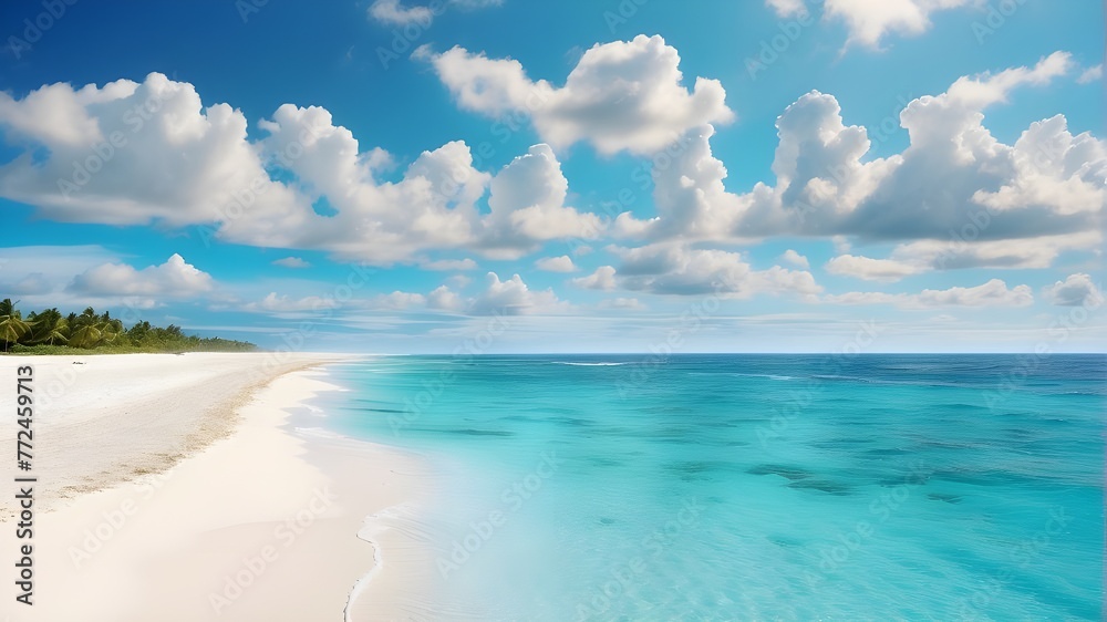 beach with blue sky Gorgeous white sand beach with peaceful, rolling waves of the turquoise ocean on a sunny day with white clouds in the blue sky in the backdrop. Island in the Maldives with a stunni