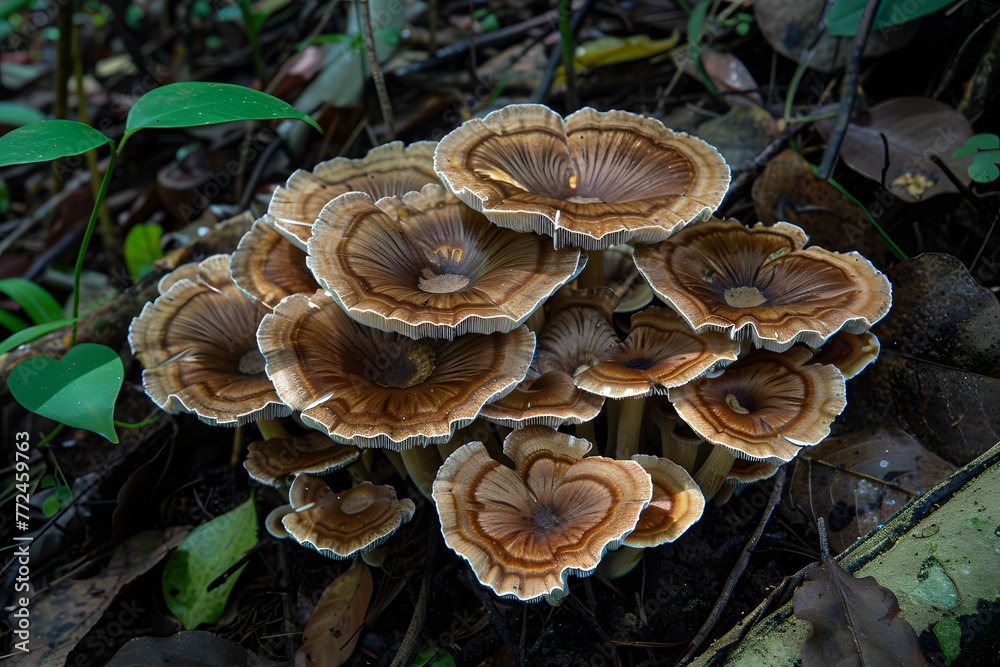 a cluster of wild mushrooms sprouting from the forest floor a cluster of wild mushrooms sprouting from the forest floor