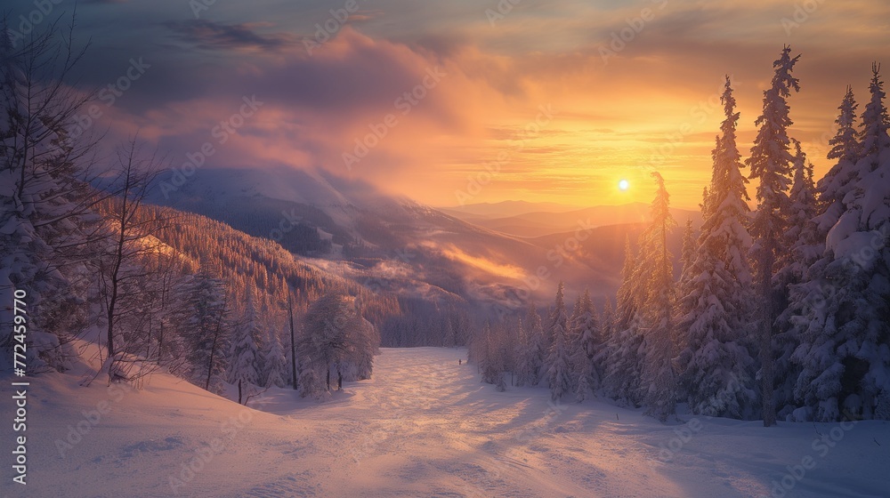 Ski slope, golden hour, 3/4 view, crisp winter hues, high fidelity, cinematic, Ski slope, golden hour, 3/4 view, crisp winter hues, high fidelity, cinematic,