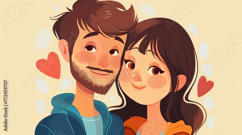 A cartoon illustration of a happy couple with hearts floating around them