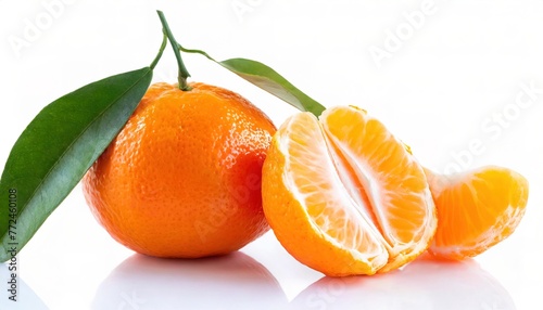 Tangerine - Citrus tangerina or Citrus × tangerina - group of orange colored citrus fruit consisting of hybrids of mandarin orange varieties. Whole and half fruit isolated on white background