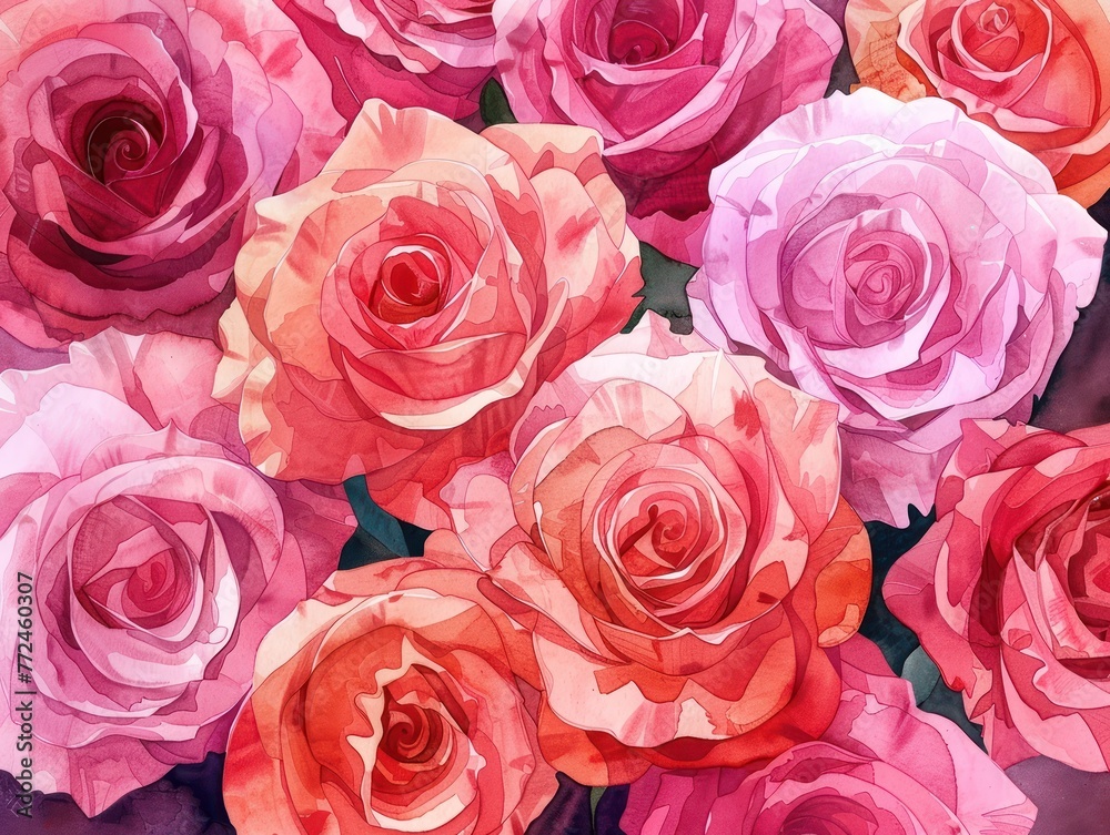 Roses blushing in varying shades of pink, watercolor romance, pastel affection, cartoon minimal Roses blushing in varying shades of pink, watercolor romance, pastel affection, cartoon minimal