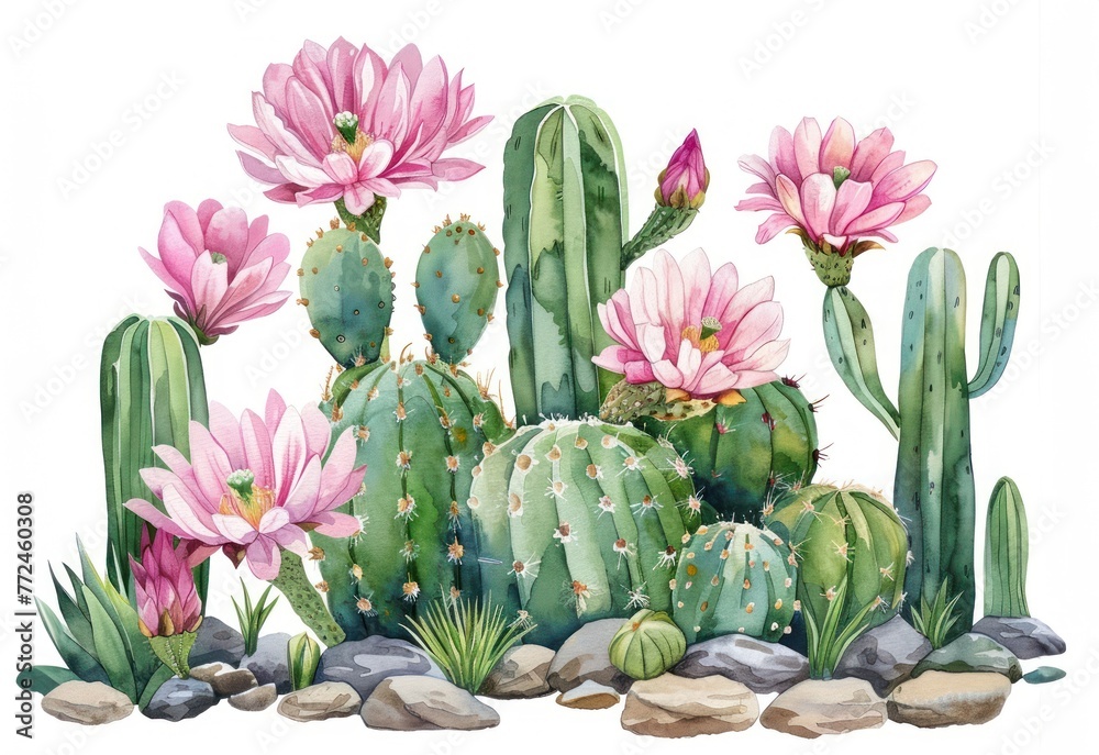 Quirky cacti blooming with vibrant pink flowers, pastel watercolor, cartoon minimal, white space