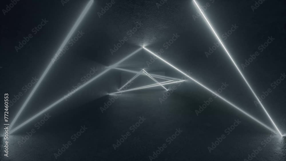 3D neon triangle glows on concrete floor in a futuristic sci-fi style loop. Abstract geometric background, fluorescent ultraviolet light. Laser neon lines, geometric endless tunnel. 4K loop animation