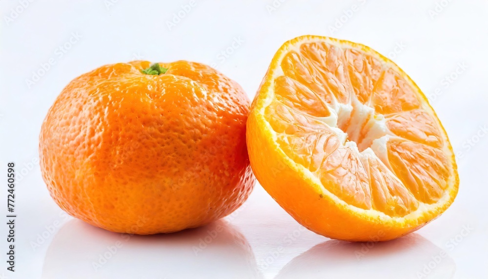 Tangerine - Citrus tangerina or Citrus × tangerina - group of orange colored citrus fruit consisting of hybrids of mandarin orange varieties. Whole and half fruit isolated on white background Tangerine - Citrus tangerina or Citrus × tangerina - group of orange colored citrus fruit consisting of hybrids of mandarin orange varieties. Whole and half fruit isolated on white background