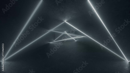 3D neon triangle glows on concrete floor in a futuristic sci-fi style loop. Abstract geometric background, fluorescent ultraviolet light. Laser neon lines, geometric endless tunnel. 4K loop animation photo