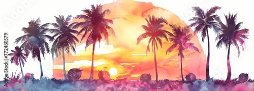 Minimalist watercolor palm trees, cartoon coconuts, pastel sunset on white © BoOm