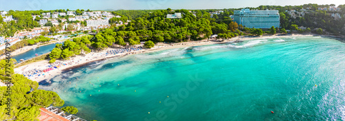 Aerial drone ciew of Platja de Cala Galdana, Menorca