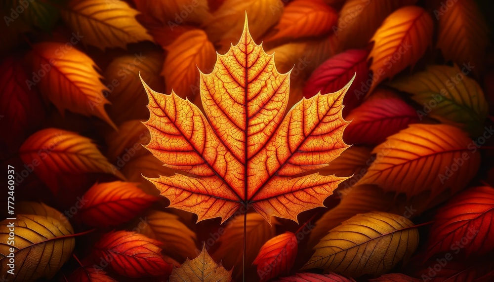 Single Maple Leaf in Autumnal Backdrop