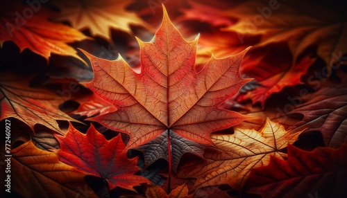 Vibrant Maple Leaf in Sharp Focus with Autumnal Background